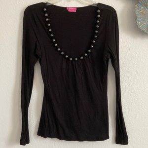BCBGirls black long sleeve top pearl lace neckline size S